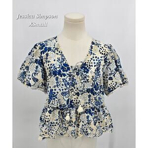 Jessica Simpson Blue & Cream Floral Boho Top (XS)